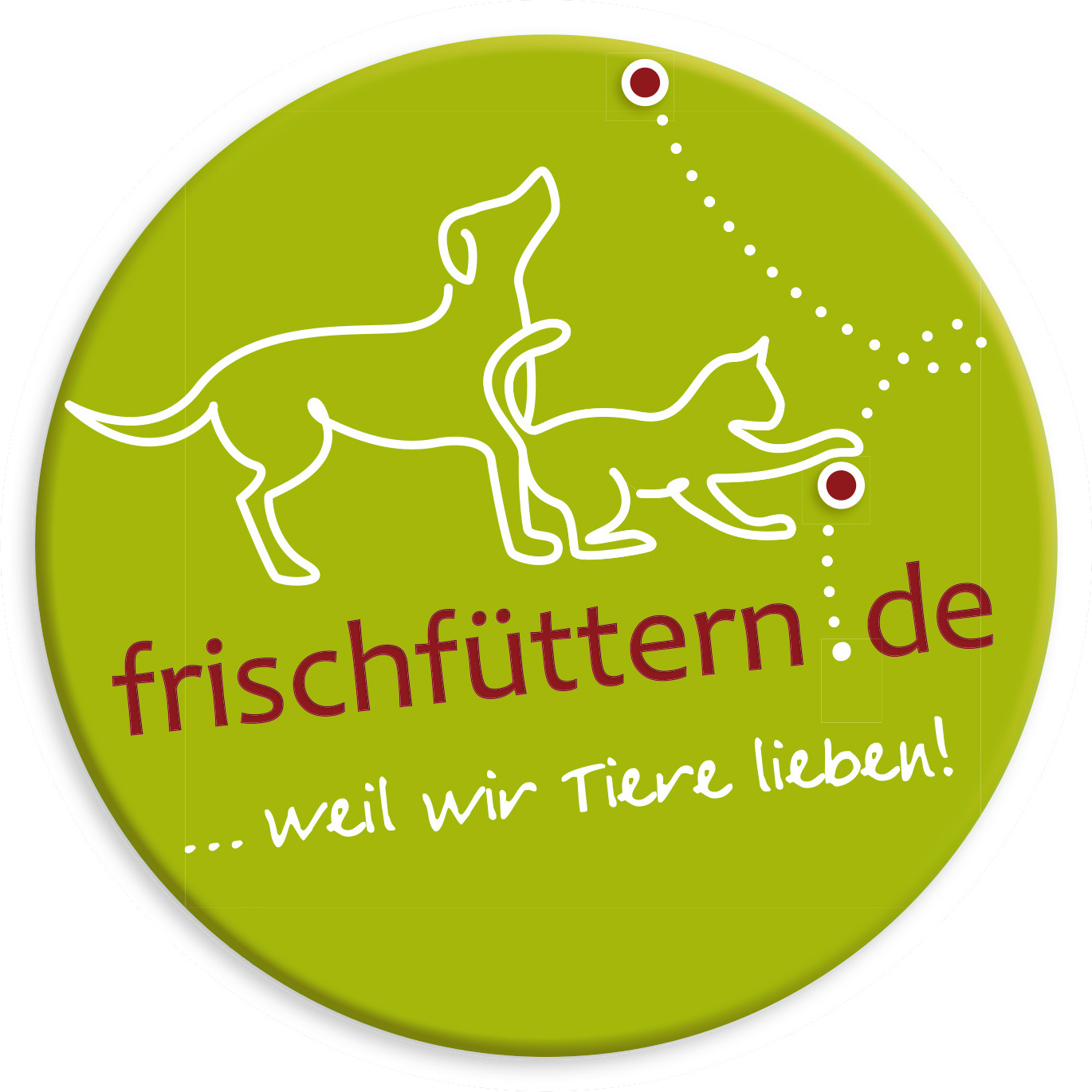 frischfüttern.de Logo im Stil eines Buttons. Ein Hund und eine Katze, durch eine durchgehend weiße Linie skizziert, in der oberen Hälfte blicken einem Ball nach, dessen Weg durch eine gepunktete Linie dargestellt ist. Darunter steht in dunkelrot frischfüttern.de gefolgt von dem Slogan in weiß: ... weil wir Tiere lieben!